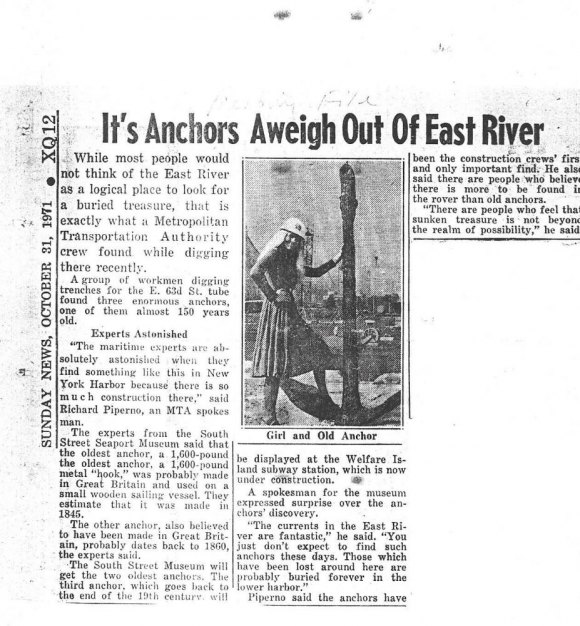 Anchors Aweigh for Welfare Island Subway Station Sunday News from October 31st, 2019
